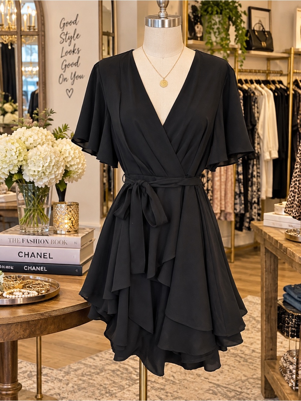 Elegant Black Wrap Dress with Flutter Sleeves